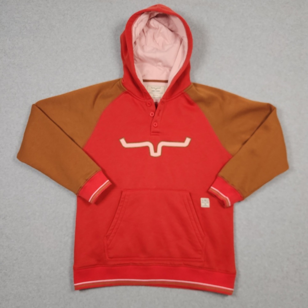 Kimes Ranch Red Hoodie with Brown Sleeves and Pink Lining